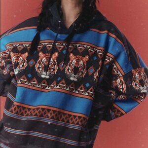 Free People Sprint To The Finish Printed Hoodie Tiger Print Black Sweatshirt XS